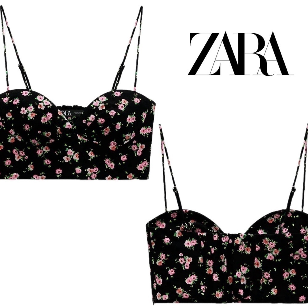 Zara black pink floral flower sweetheart spaghetti strap bustier crop top Sz XL